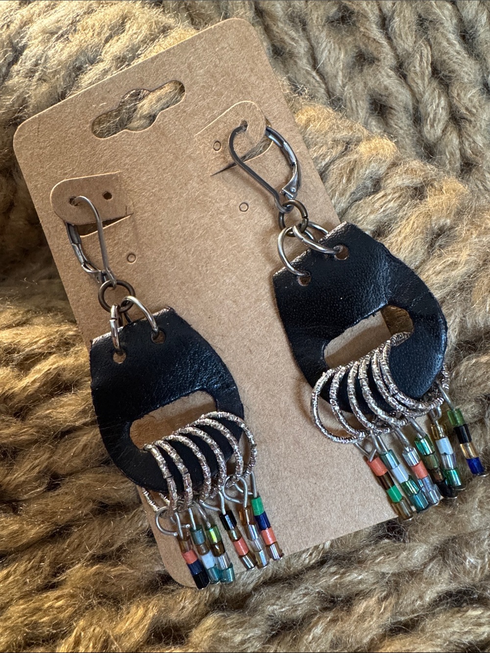 Handmade Black Genuine Leather Fringe Earrings with Multicolor Beads
